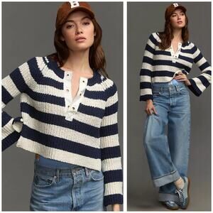 Anthropologie Pilcro Bell-Sleeve Henley Sweater Size XL Blue White Stripe Knit